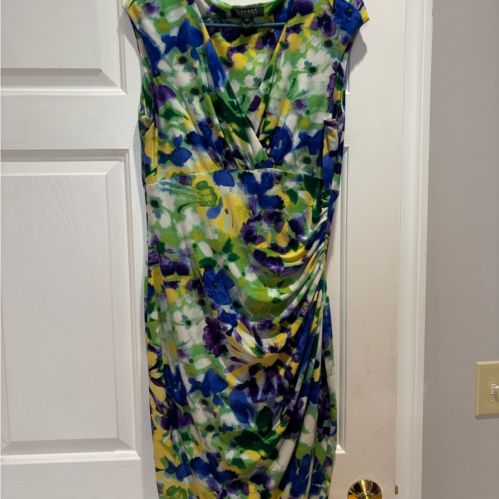 Floral Print Dress in Green, Blue, and Yellow